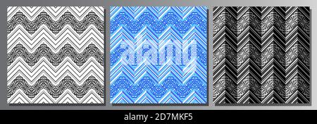 Vektor-Set von Nahtlosen Mustern, 3 quadratische Wiederholung Hintergründe der dunklen Vielfalt Farben, schwarz und weiß verzierten Zick-Zack nahtlose Muster, blaues Eis orna Stock Vektor
