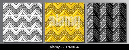 Vektor-Set von Nahtlosen Mustern, 3 quadratische Wiederholung Hintergründe der dunklen Vielfalt Farben, schwarz und weiß verzierten Zick-Zack nahtlose Muster, Kunst Luxus oder Stock Vektor