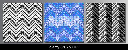 Vektor-Set von Nahtlosen Mustern, 3 quadratische Wiederholung Hintergründe der dunklen Vielfalt Farben, schwarz und weiß verzierten Zick-Zack nahtlose Muster, leuchtend blau o Stock Vektor