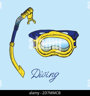 Blaue und gelbe Tauchermaske und Schnorchel, handgezeichnete Doodle-Skizze mit Inschrift, isolierte Farbdarstellung Stockfoto