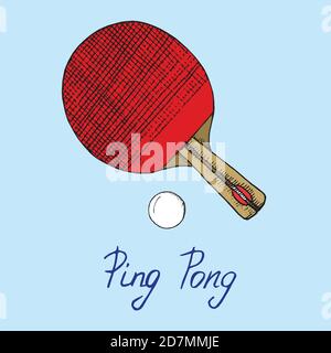 Tischtennis rot Paddel und Ball, handgezeichnete Doodle Skizze mit Inschrift, isolierte Farbdarstellung auf blauem Hintergrund Stockfoto