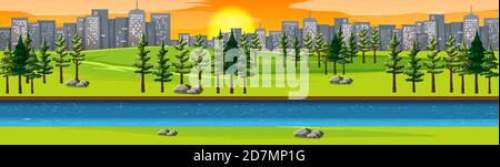 Stadtnaturpark mit Flusslandschaft bei Sonnenuntergang Abbildung Stock Vektor
