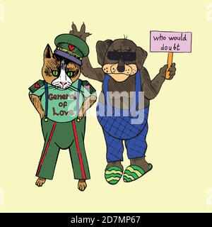Cartoon-Charakter der funky Katze in sowjetischer Militärform mit Inschrift 'General der Liebe' und Hund in Overalls und gekleidet Hausschuhe in Sonnenbrillen Stockfoto