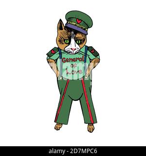 Zeichentrickfigur der funky Katze in sowjetischer Militärform mit Inschrift "General der Liebe", handgezeichnete Doodle-Skizze, isolierte Farbillustratio Stockfoto
