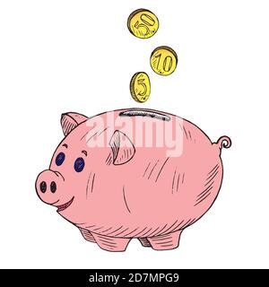 Rosa Sparschwein mit goldenen Münzen gießen hinein, handgezeichnete Doodle Skizze, isolierte Farbdarstellung Stockfoto