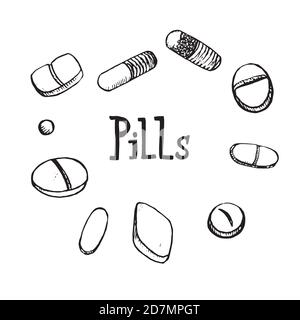 Pillen um Inschrift, handgezeichnete Doodle Skizze, isolierte Umriss Illustration Stockfoto