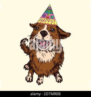 Fröhlicher Hund im Partyhut, weiß mit braunen Flecken, handgezeichnete Doodle-Skizze, isolierte Illustration auf gelbem Hintergrund Stockfoto