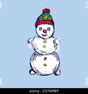 Schneemann, handgezeichnete Doodle-Skizze, isolierte Farbdarstellung Stockfoto