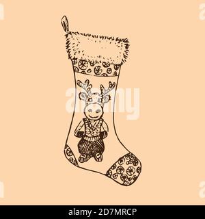Christmas sock with deer, hand drawn doodle sketch, outline illustration Stockfoto