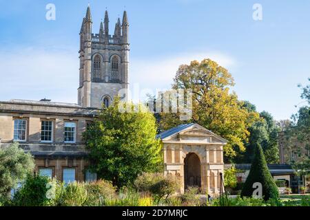 Oxford botanische Gärten mit Magdalen Turm in der Ferne im Herbst. Oxford, Oxfordshire, England Stockfoto