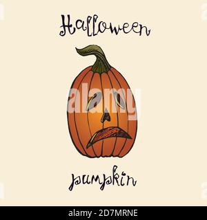 Halloween Kürbis mit Inschrift, Holzschnitt-Design, handgezeichnete Doodle, Skizze im Pop-Art-Stil, isolierte Farbe illustrationать Stockfoto