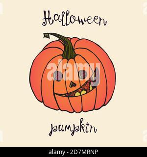 Halloween Kürbis mit Inschrift, Holzschnitt-Design, handgezeichneter Doodle, Skizze im Pop-Art-Stil, isolierte Farbdarstellung Stockfoto