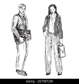 Geschäftsmann und Geschäftsfrau in Anzügen stehend mit Dokumentkoffer, handgezeichnete Doodle Skizze, schwarz-weiß Illustration Stockfoto