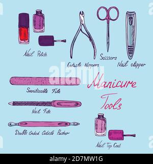Grundlegende Nagelwerkzeuge, rosa klassische Maniküre Sammlung von Werkzeugen, handgezeichnete Doodle Skizze mit Inschrift, isolierte Farbdarstellung Stockfoto
