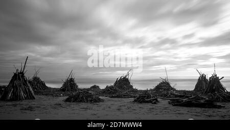 Forte dei Marmi: Im Winter hat ein großer Sturm Holz und Baumstämme am Strand angesammelt Stockfoto