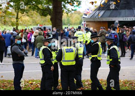 Hyde Park, London, Großbritannien. 24. Oktober 2020. Weitere Maßnahmen von Anti-Lockdown-Demonstranten, die sich im Hyde Park in London treffen und protestieren. Es wird keine soziale Distanzierung beobachtet und keine Masken von den Begleitenden getragen. Eine große Polizeipräsenz. Foto: Paul Lawrenson-PAL Media/Alamy Live News Stockfoto