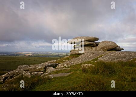 Granitfelsen auf dem Cheesewring, Bodmin Moor, bei Minions, Cornwall, England, Großbritannien. Stockfoto