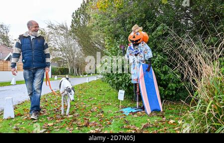 Worthing UK 24. Oktober 2020 - dieser Hund ist nicht ganz sicher, was man von einer der hundert Vogelscheuchen machen soll, die dieses Wochenende im Dorf Ferring bei Worthing erschienen sind, als ihr Vogelscheuchen-Festival diese Woche stattfindet : Credit Simon Dack / Alamy Live News Stockfoto