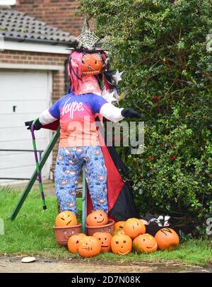 Worthing UK 24. Oktober 2020 - Fast hundert Vogelscheuchen haben rund um das Dorf Ferring in der Nähe von Worthing an diesem Wochenende erschienen, wie ihre Scarecrow Festival findet diese Woche : Credit Simon Dack / Alamy Live News Stockfoto