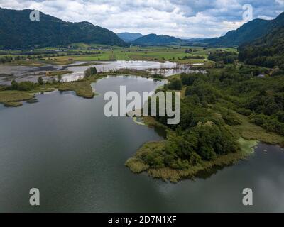 Luftaufnahme an den oberen Enden des Ossiacher Sees in Kärnten, Österreich mit seinem Moor und Sümpfen an einem Sommertag mit großer Wolkenlandschaft Stockfoto