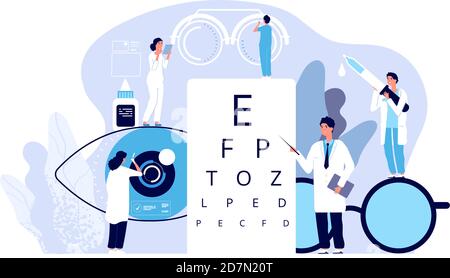 Konzept der Augenheilkunde. Augenarzt überprüft die Sehkraft des Patienten. Optische Augen Test, Brillen-Technologie. Vektor gute Sicht Hintergrund. Augenheilkunde Medizin, optische Sehkraft Untersuchung Illustration Stock Vektor