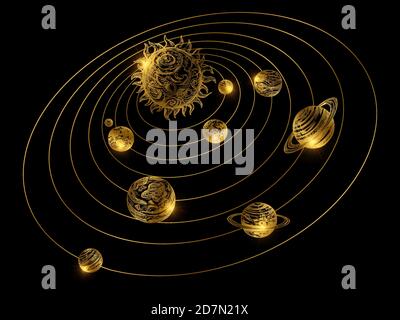 Shine goldenes Sonnensystem mit handgezeichneten Planeten isoliert auf schwarzem Hintergrund. Goldenes Sonnensystem, Astronomie und Galaxie, Kosmos Universum mit Sonne Illustration Stock Vektor