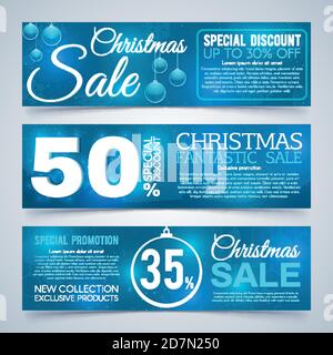 Banner für Weihnachtsverkäufe. Winter und Neujahr Urlaub Rabatt bietet Werbung Banner Vektor Sammlung. Illustration bieten Weihnachten Verkauf, weihnachten Web-Poster Stock Vektor