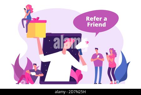 Empfehlen Sie eine Freunde Vektorgrafik. Mann mit Megaphon bietet Empfehlung Geschenke. Empfehlung des Programms, Empfehlung und Ankündigung Stock Vektor