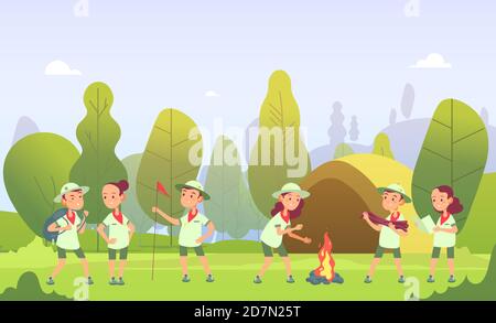 Scouts in Camping. Cartoon Kinder am Lagerfeuer im Wald. Kinder haben Sommer Outdoor-Abenteuer. Vektorgrafik. Reisen Sie im Freien, Scout und Lagerfeuer Stock Vektor