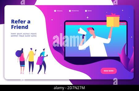 Empfehlungskonzept. Freunde empfehlen Freunde Buzzwords freundliche Empfehlungen Marketing-Empfehlungen Schreien Vektor Landing Page. Empfehlungsbefreund empfohlen, Illustration für Netzwerk-Unternehmen Stock Vektor
