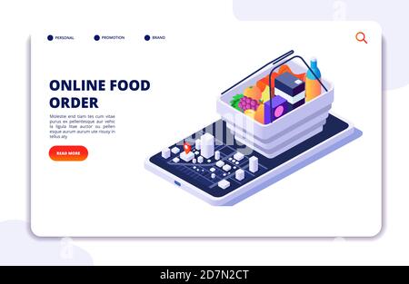 Lebensmittel Lieferung isometrisches Konzept. Online-Bestellung mit Handy-App. Internet Food Restaurant Vektor Banner oder Landing Page. Illustration der Lieferung Bestellung von Lebensmitteln, App Online-Service Stock Vektor