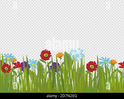 Frühlingsblumen und Gras Grenze isoliert auf transparentem Hintergrund. Vektor Frühling Rand, Gras und Blume Illustration Stock Vektor