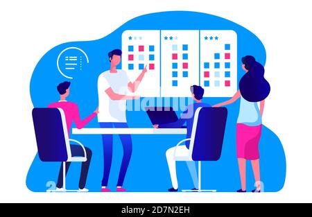 Agiles Management-Team. Vector Business Team Meeting und Scrum Task Board. Die Mitarbeiter planen den Arbeitsprozess. Illustration Projektmeeting, Business Team Scrum Board Stock Vektor