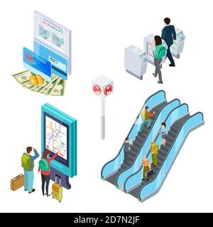 Isometrische Metro-Elemente. U-Bahn-Rolltreppe, Drehkreuz, Infoschalter mit Personen. 3d unterirdische isometrische Transport, Station und Drehkreuz Illustration Stock Vektor