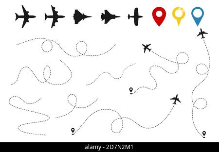 Vektor für Ebenenpfade. Flugzeugverfolgung, Flugzeuge Silhouetten, Position Pins isoliert auf weißem Hintergrund. Darstellung der Fluglinie, Flugreisen mit dem Flugzeug Stock Vektor