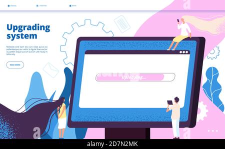 Aktualisieren des Systems. Upgrade-Systeme Website aktualisieren Computer Laptop Software pc Wartung Vektor Landing Page mit winzigen Kerl. Abbildung des Aktualisierungsprogramms, Fortschritt der Installationssoftware Stock Vektor