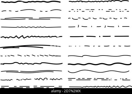 Handgezeichnete Unterstreichungen. Zeichnen von Pinsellinien, mit Bleistift strukturierte Striche. Kritzeln Doodle Ränder. Handgefertigtes Unterstreichung Vektor isoliertes Set. Unterstreichen malen Zeichnung, Stift Streifen gezeichnet Illustration Stock Vektor