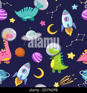 Dino im Raum nahtlose Muster. Niedliche Drachenfiguren, Dinosaurier reisen Galaxie mit Sternen, Planeten. Kinder Cartoon Vektor Hintergrund. Illustration von Astronaut Drachen, Kinder Verpackung mit kosmischen Dino Stock Vektor