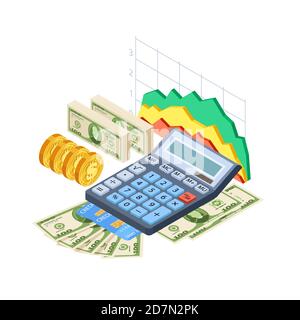 Finanzanalyse, Buchführung Vektor-Konzept. Bargeld, Kreditkarten, Münzen, Taschenrechner und Grafiken isometrisches Design. Isometrische Analyse Finanz-, Rechner- und Finanzinvestition Illustration Stock Vektor