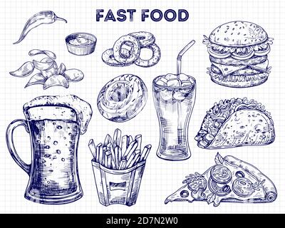 Fast Food, Snacks und Getränke Skizzen Vektor-Illustration. Hamburger Sandwich, Burger und Pizza Stock Vektor