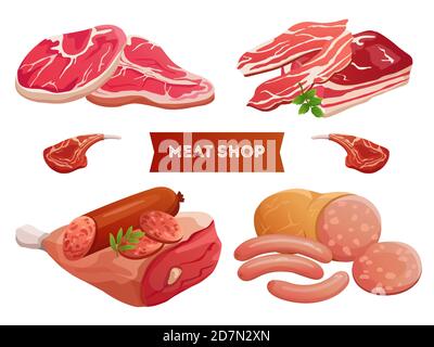 Cartoon Fleisch Produkte und frisches Fleisch Vektor isoliert auf weißem Hintergrund. Fleisch Rippchen lecker, frische Beefsteak Illustration Stock Vektor