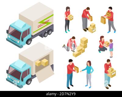 Isometrischer Lieferservice mit Personen- und LKW-Vektor-Set. Abbildung LKW-Lieferung, Service-Logistik und Versand Stock Vektor