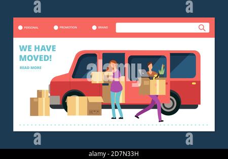 Verschieben Haus Vektor Web-Banner. Wir haben die Landing Page-Vorlage verschoben. Umzug und Verlagerung, Delivery Service Transfer Moving Illustration Stock Vektor