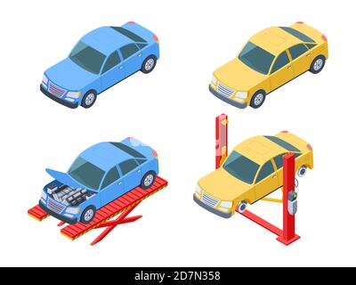 Autoreparatur isometrisch. Fahrzeugservice, Wechselräder Vektordarstellung. Auto-Reparatur, Garage Maschine Diagnose und beheben Stock Vektor