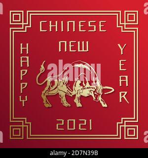 Happy New Year 2021 Illustration, Emblem oder Grußkarte Vorlage. Handgezeichnetes chinesisches Sternzeichen Golden Bull oder Ox mit Tradition Rahmen auf Rot Stock Vektor