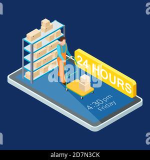 24 Stunden Lieferung Online-Dienste isometrische Vektor Illustration. Isometrische Lieferung App Telefon, Isometrie Service 24h Stock Vektor