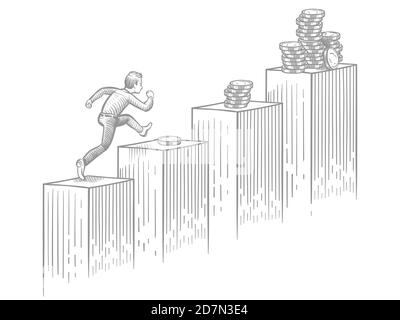 Geschäftsmann läuft Treppe mit Münzen - Skizze Geschäft und Karriere Erfolg Vektor Illustration. Business man Erfolg, Finanzwachstum, erfolgreiches Laufen zu risch Stock Vektor