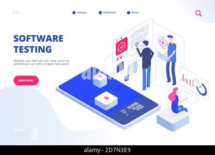 Software-Tests. Online Computer Test Inspektion Anwendung Bug Fixierung Prototyp System Website Entwicklung Service Vektor Konzept. Digitaler Test-Codierungsprozess, Illustration zur Softwareentwicklung Stock Vektor