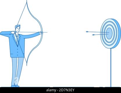 Mann schießt Bogen. Arrow Targeting in Ziel, Geschäftsmann Präzision schießen. Ziel Erreichen Business Benefit Leistung Vektor-Konzept. Ziel und Ziel, Erfolg Bogenschießen Illustration Stock Vektor