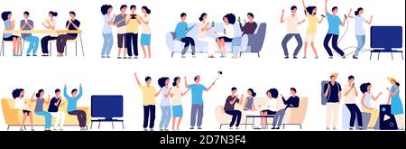 Freunde zusammen. Freundschaft zwischen Menschen. Lächelnde beste Freunde verbringen Zeit entspannen und reden. Flache Vektorzeichen auf Weiß isoliert Stock Vektor